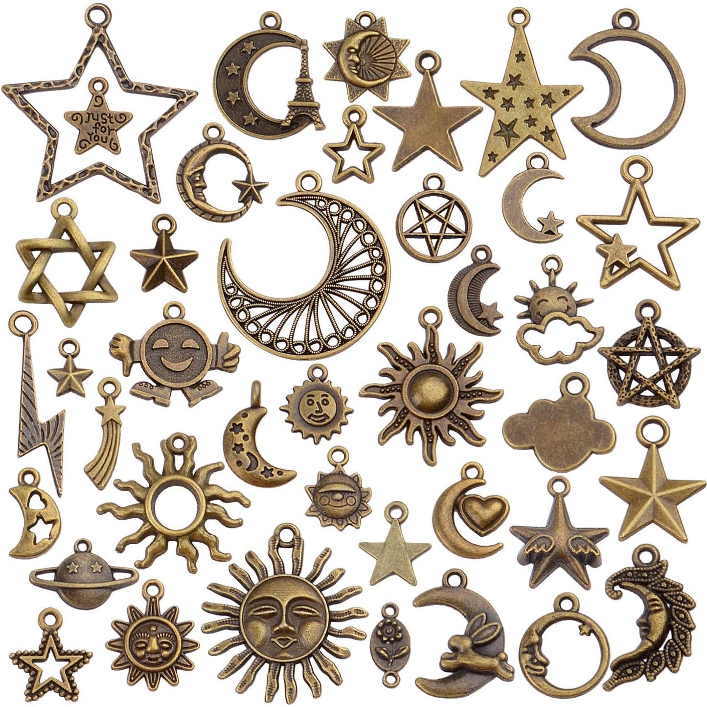 Celestial Charms,40pcs Craft Supplies Mixed Alloy Sun Moon Star Planet Pendants Accessories for DIY Necklace Bracelet Jewelry Making
