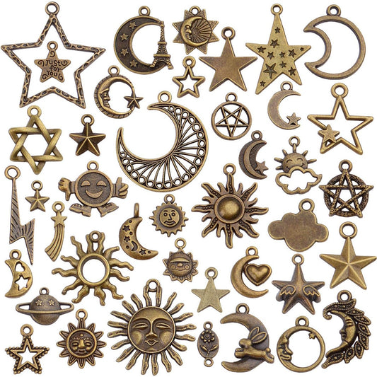 Celestial Charms,40pcs Craft Supplies Mixed Alloy Sun Moon Star Planet Pendants Accessories for DIY Necklace Bracelet Jewelry Making
