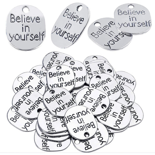 Inspirational Words Charm, 30pcs Inspirational Message Pendant believe in yourself Charms Beads Craft Supplies for Jewelry Making