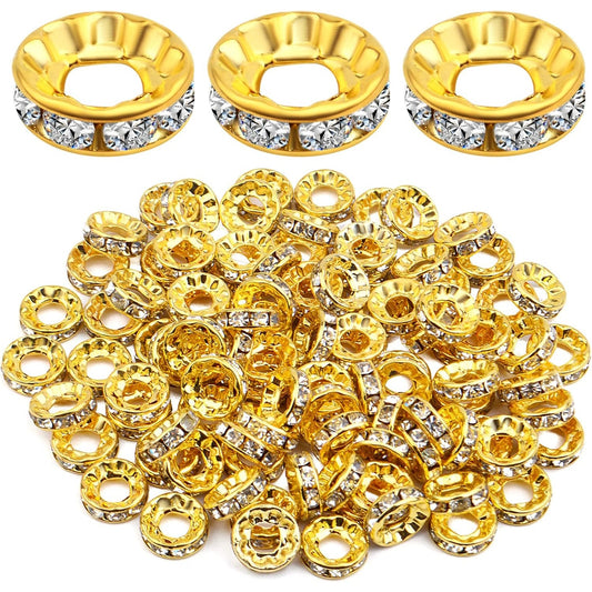 100pcs 10 mm Golden Plated Rhinestone Spacer Beads Large Hole European Rondelle Beads Round Shiny Crystal Loose Beads for DIY Bracelet Necklace Jewelry Making