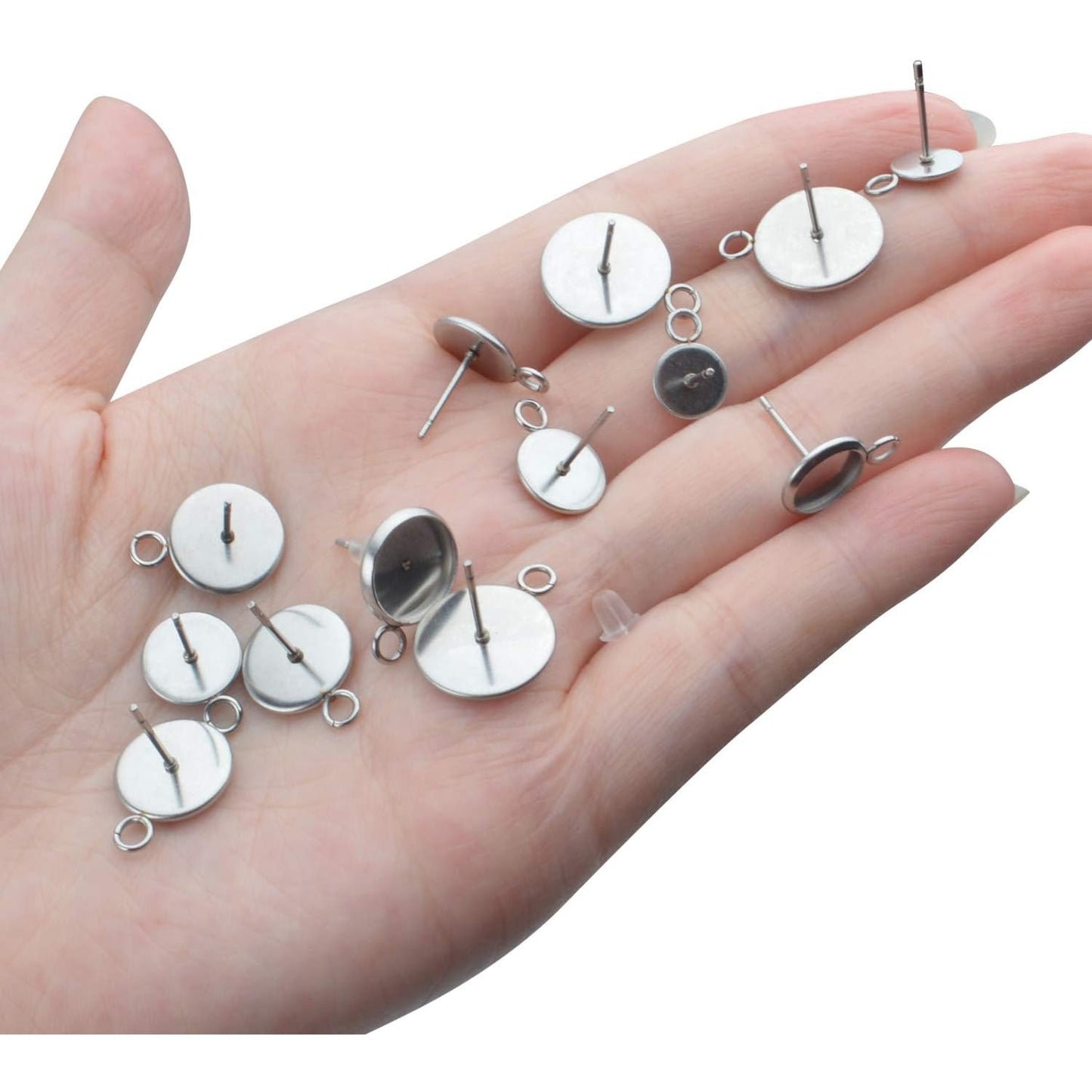 40 Pieces Stainless Steel Cabochon Blank Earring Studs Earring Tray and 40 Pieces Silicone Clear Earring Back for Earring Making,6mm,8mm,10mm,12mm