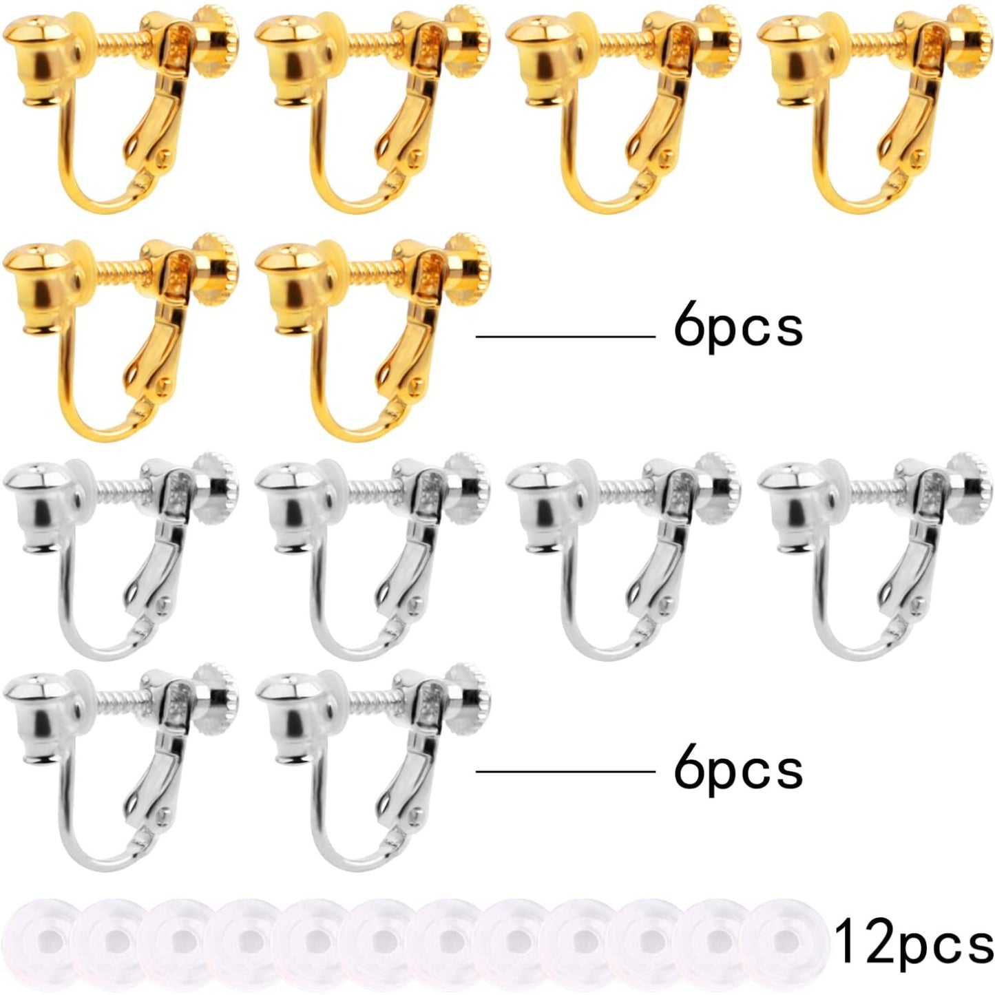 12pcs 2 Colors Screw Earring Clips Converters Brass U Shaped Adjustable Earring Components and 12pcs Clear Comfort Earring Cushions for Non-Pierced Ears DIY Jewelry Making