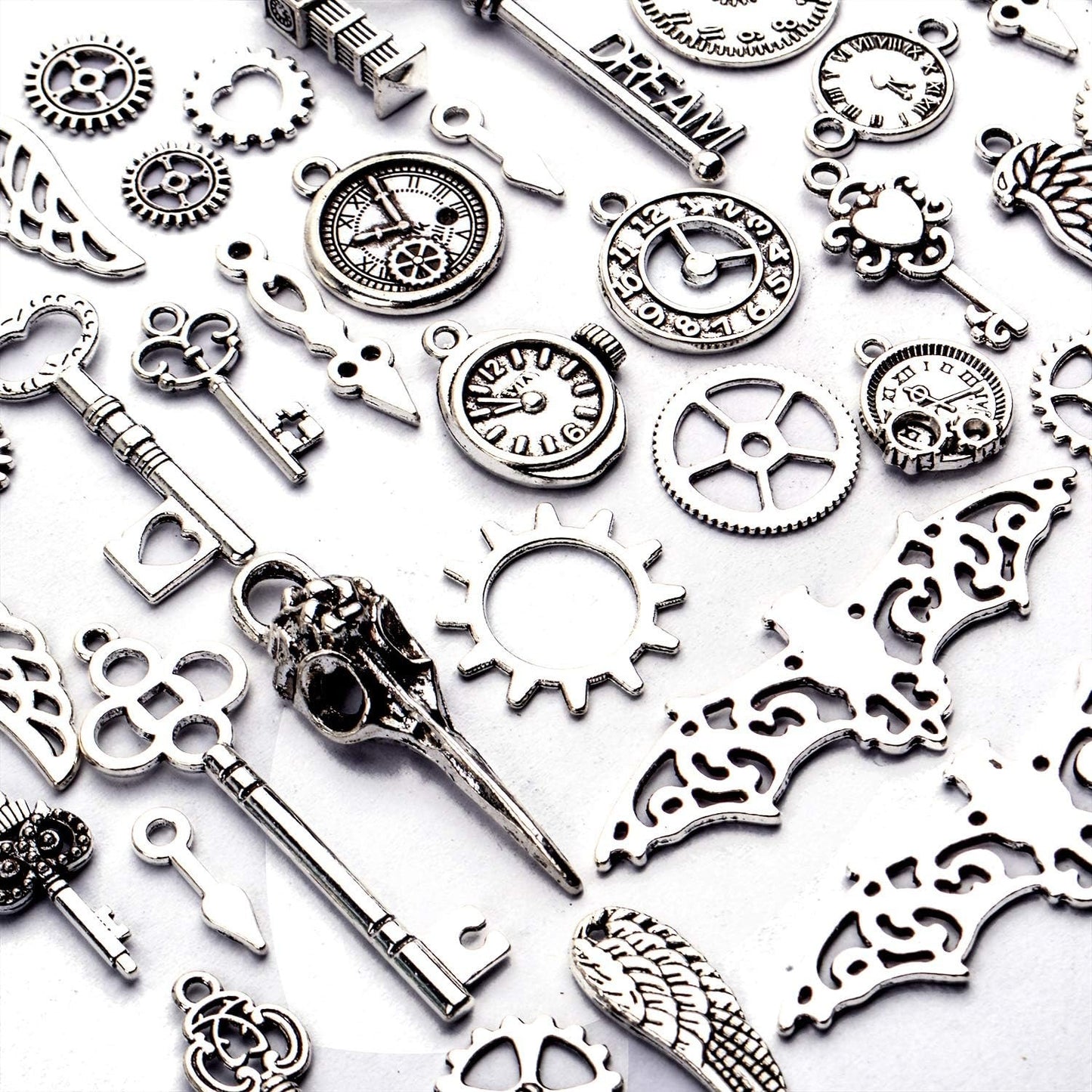 52pcs Tibetan Silver Charms Vintage Clock Gear Wing Key Pendants Jewelry Making Accessories for DIY Crafting Jewellery Making