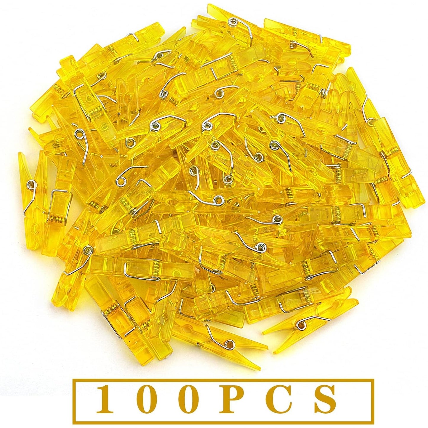 100pcs Yellow Plastic Clothespins Mini Transparent Clips Photo Paper Peg Pins Craft Clips for Wall Hanging Pictures Wedding Party Decoration Gift Wrapping