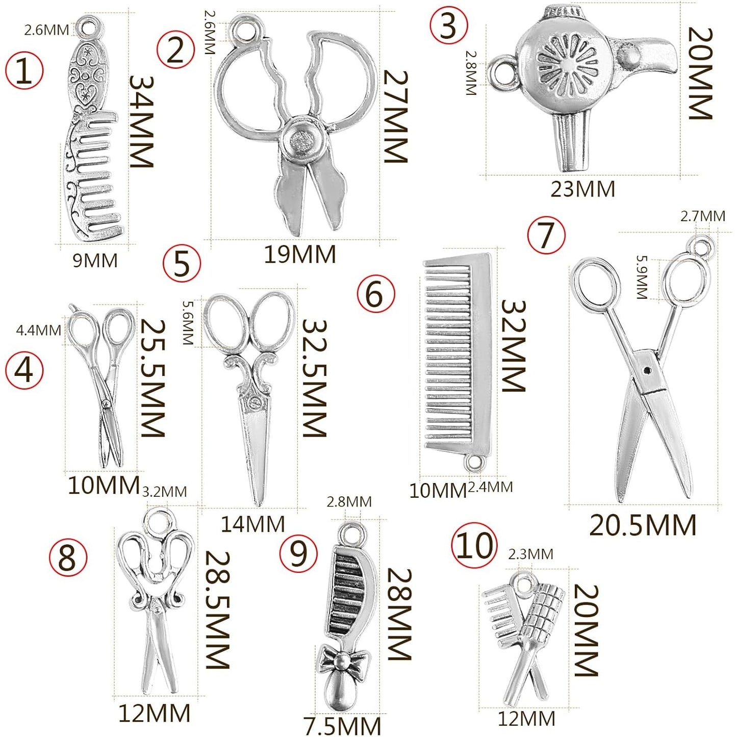 60pcs 10 Styles Hairdresser Charms Collection Hair Stylist Charms Pendant Scissor Comb Hairdressing Tools for DIY Necklace Bracelet Jewelry Making