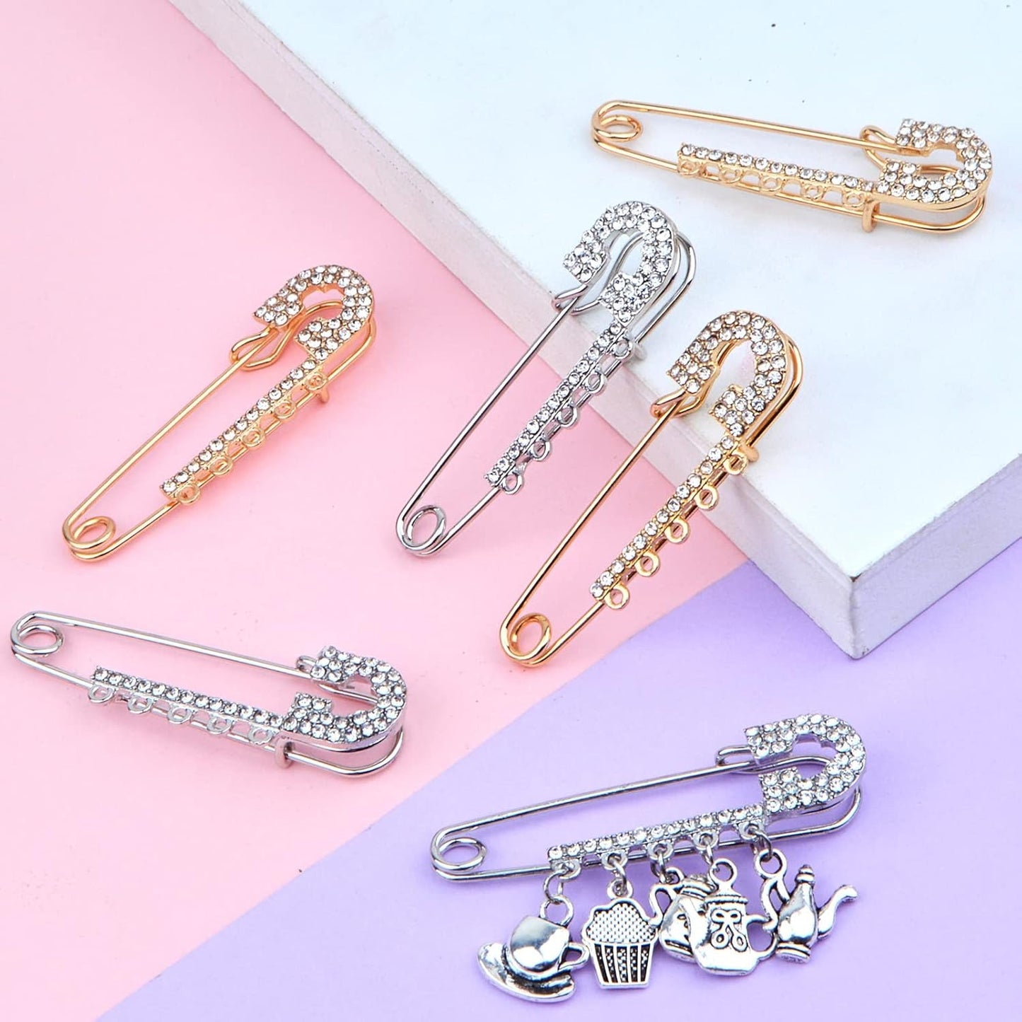 6pcs Rhinestone Safety Pins Brooches Shiny Sweater Shawl Clips Crystal Brooch Pins Accessories,2 Colors