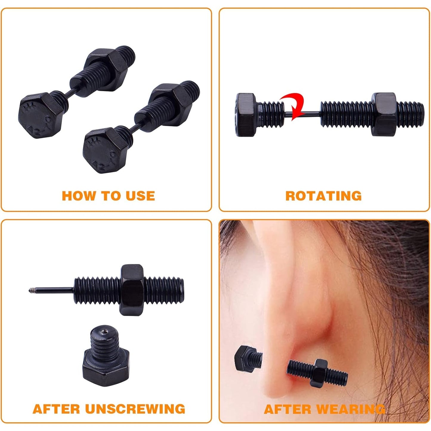 3 Pairs Stainless Steel Punk Style Earrings Cool Screw on Earring Studs Backs Piercing Jewelry with A Plastic Box for Men Women Earring Backs, 3 Colors, 34 mm x 7.7 mm