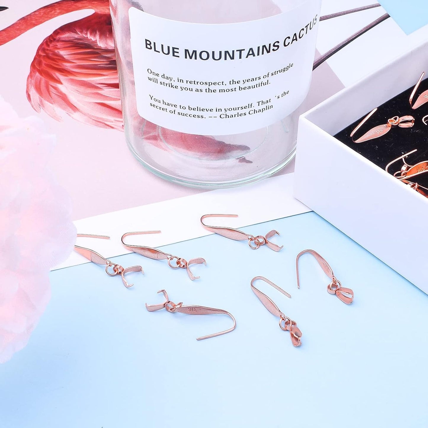 Stainless Steel Earring Hooks, 30pcs Pendant Clasp Earring Hooks Ear Wire Buckle Fish Hooks Dangle Earrings Connectors for Women Girls DIY Jewelry Making Supplies, Rose Gold
