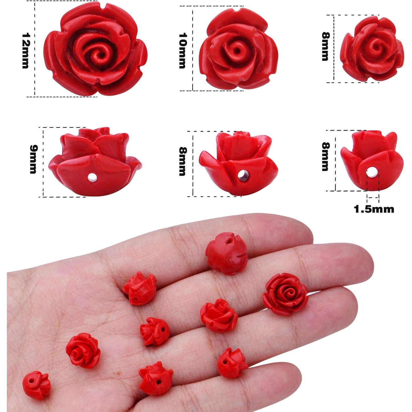 50pcs Cinnabar Carved Rose Beads Rose Flower Loose Beads for DIY Earrings Necklace Bracelet Jewelry Making Supplies Wedding Party Anniversary Favor Gifts, 10 mm x 8 mm, Hole: 1.5 mm