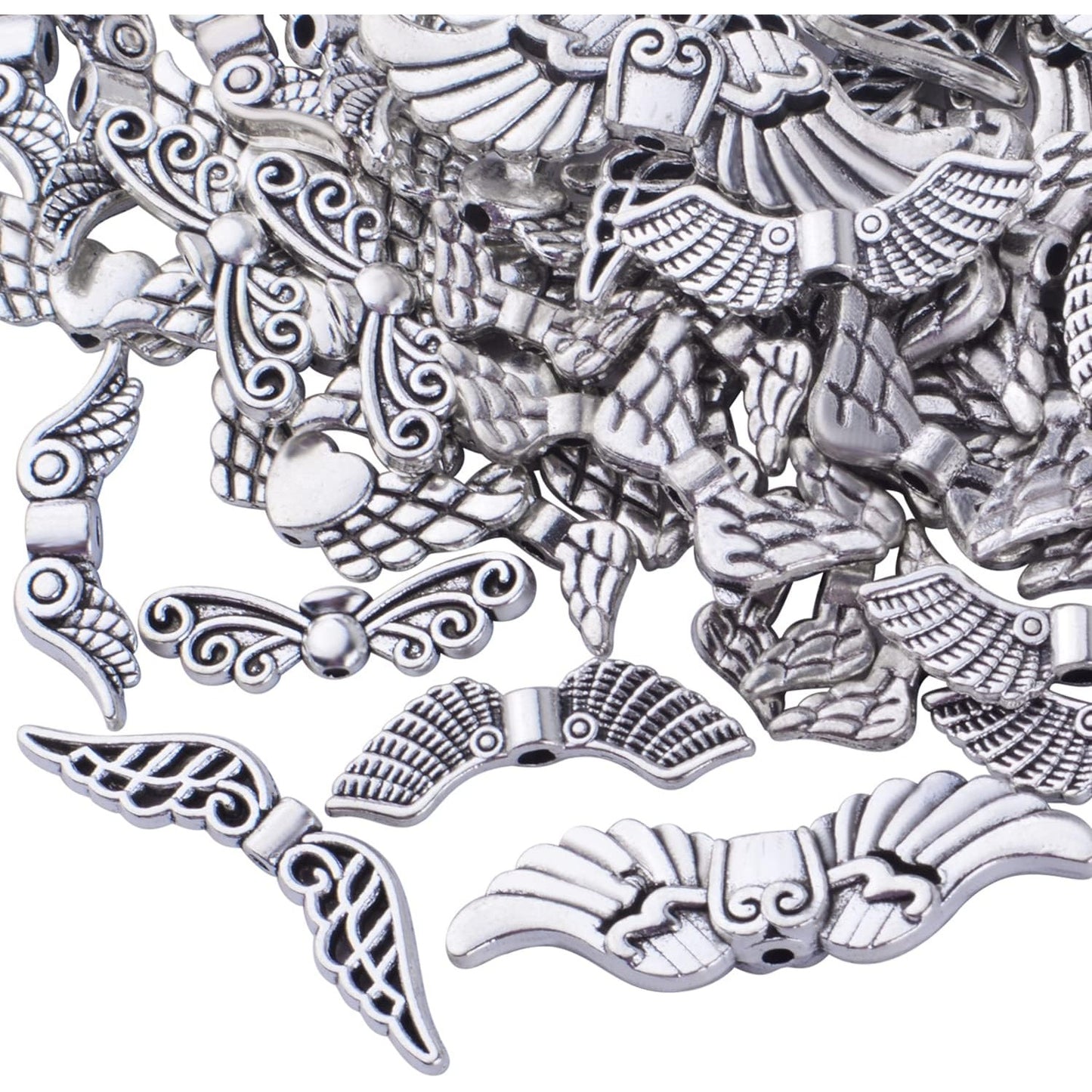 Antique Silver Angel Wing Spacer Beads - Tibetan Alloy Fairy Wing Charm Beads for DIY Necklace & Bracelet Making, 8 Styles