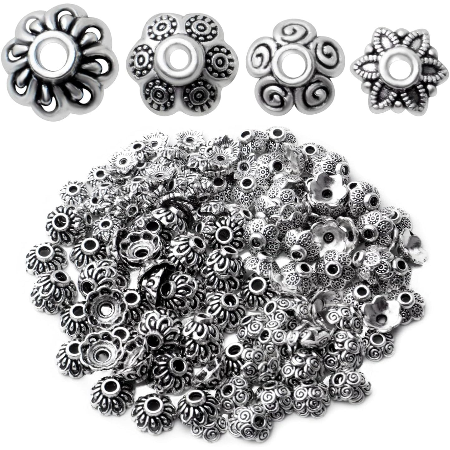 Flower Bead Caps,200pcs Antique Silver Spacer Beads Caps Alloy Bead End Caps Loose Beads for Jewelry Making DIY Bracelet Earrings Necklace Finding Accessory