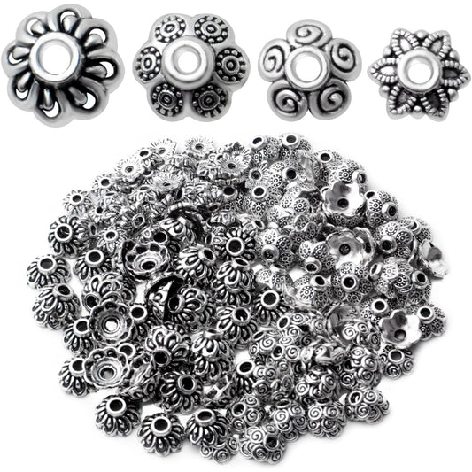 Flower Bead Caps,200pcs Antique Silver Spacer Beads Caps Alloy Bead End Caps Loose Beads for Jewelry Making DIY Bracelet Earrings Necklace Finding Accessory