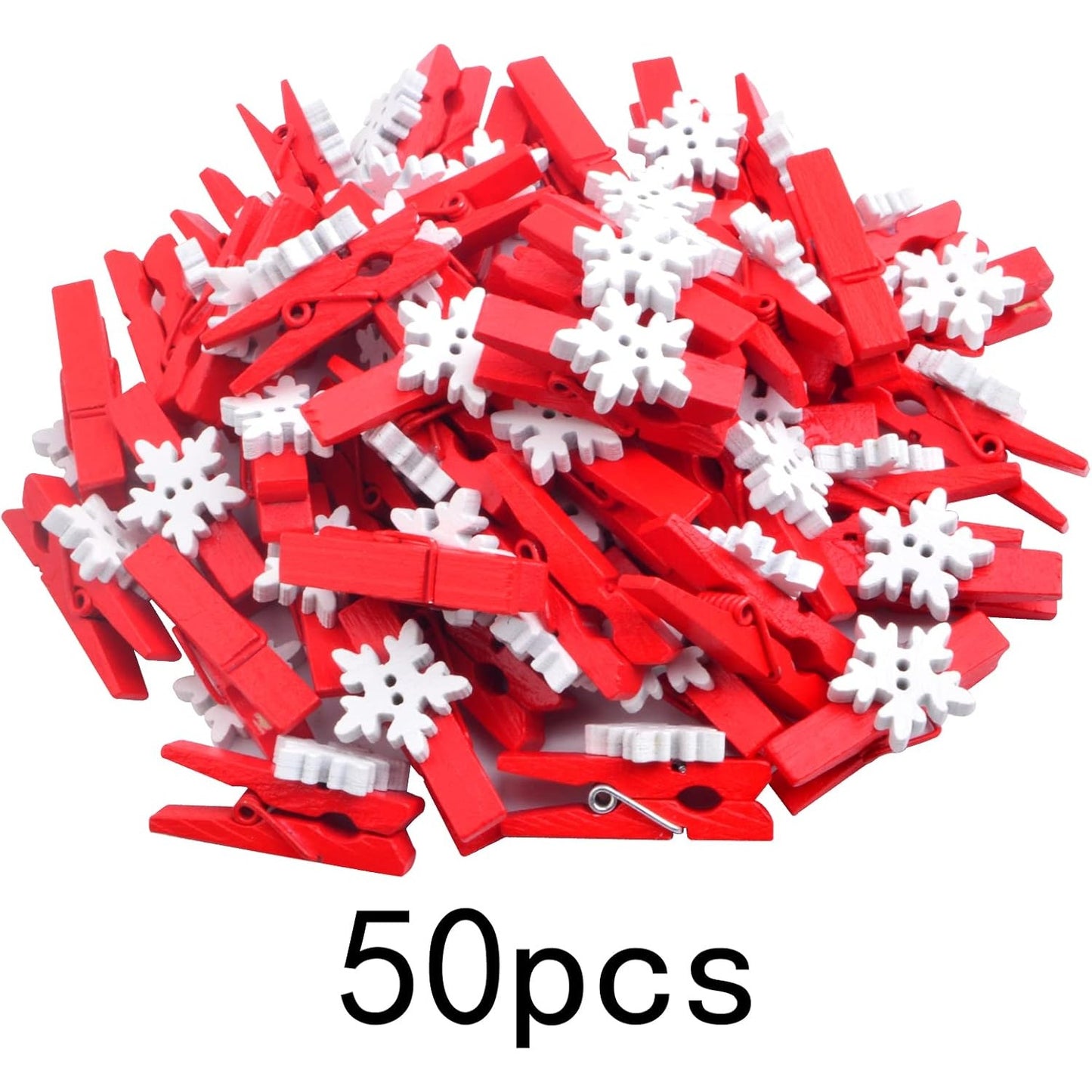 50 Pieces Snowflake Wood Clips Christmas Snowflake Wooden Clothespins Photo Frame Paper Peg Pins DIY Craft Clips for Home School Art Crafts, Red