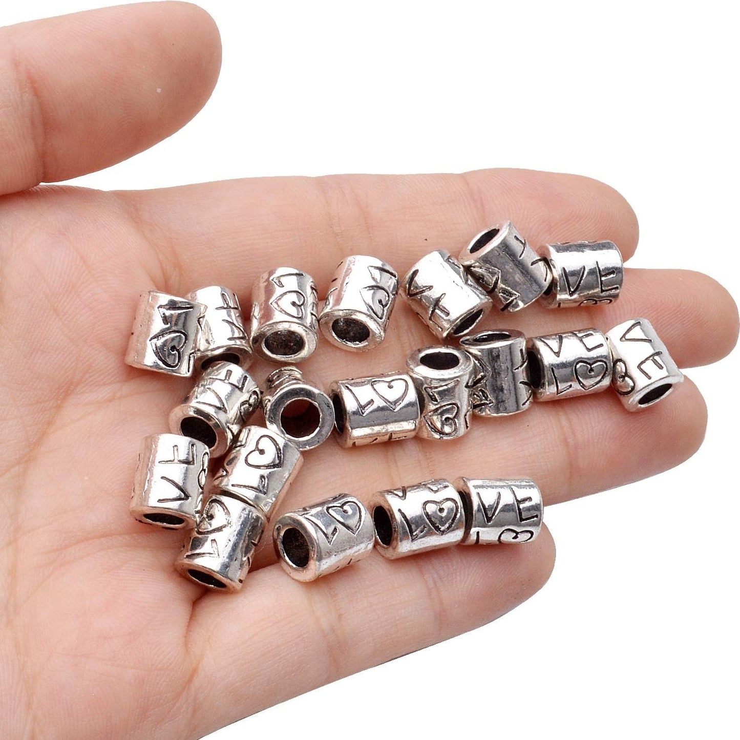 50pcs Tibetan Antique Silver Large Hole Spacer Beads 'Love' Word Column Beads Tube Spacers for Bracelet Necklace Jewelry Crafts Making Supplies