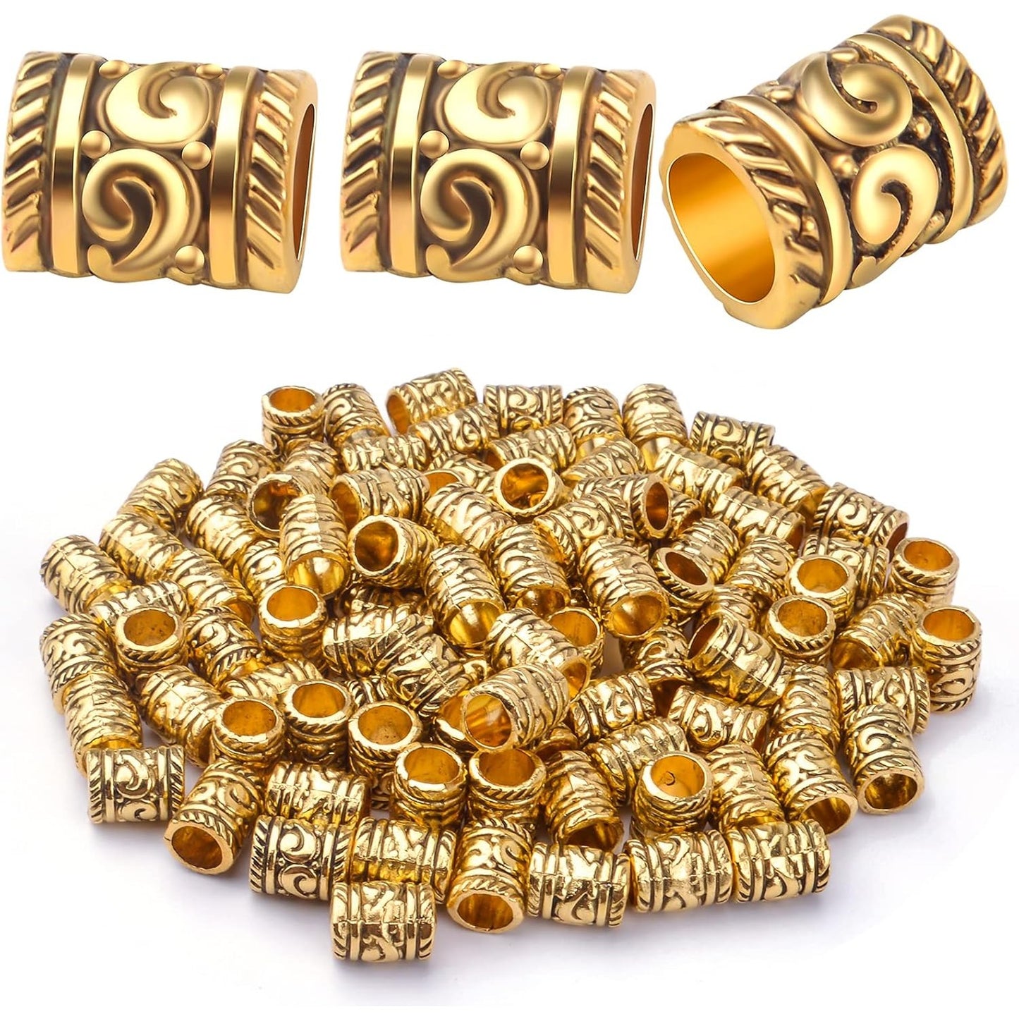 100pcs Antique Gold Large Hole Spacer Beads Tibetan Alloy Barrel Column Beads Hollow Tube Beads for European Bracelet Necklace DIY Jewelry Making Accessories, Hole: 5 mm