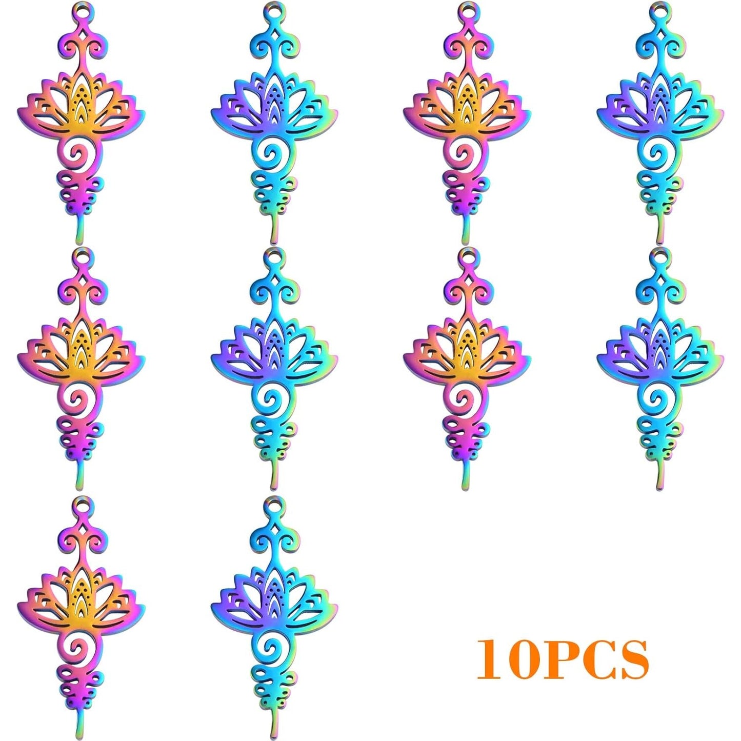 10pcs Stainless Steel Lotus Flower Charms Hollow Lotus Flower Sword Dangle Pendants Craft Supplies for DIY Necklace Bracelet Jewelry Making Findings, Rainbow Color