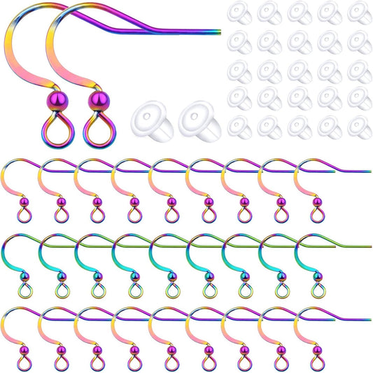 50pcs Stainless Steel Earring Hooks Hypoallergenic Ear Wires Earring Fish Hooks with 50pcs Clear Silicone Earring Backs for DIY Jewelry Making(Rainbow Color)