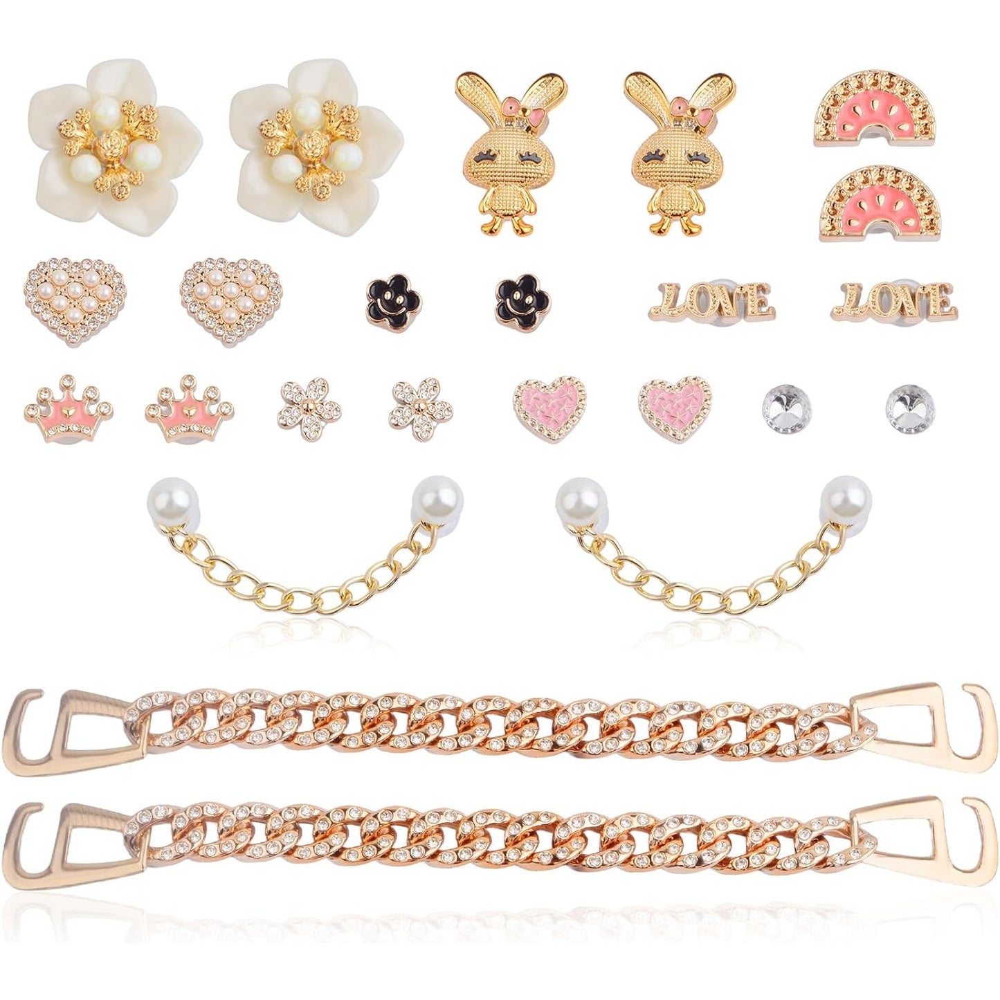 1 Set Mixed Bling Shoe Charms Flower Pearls Rabbit Buckle Shoes Decoration Accessories for Women and 1 Pair of Shoe Chains for Clogs Sandals Slippers Bags Belts Christmas Gifts