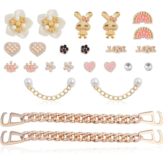 1 Set Mixed Bling Shoe Charms Flower Pearls Rabbit Buckle Shoes Decoration Accessories for Women and 1 Pair of Shoe Chains for Clogs Sandals Slippers Bags Belts Christmas Gifts