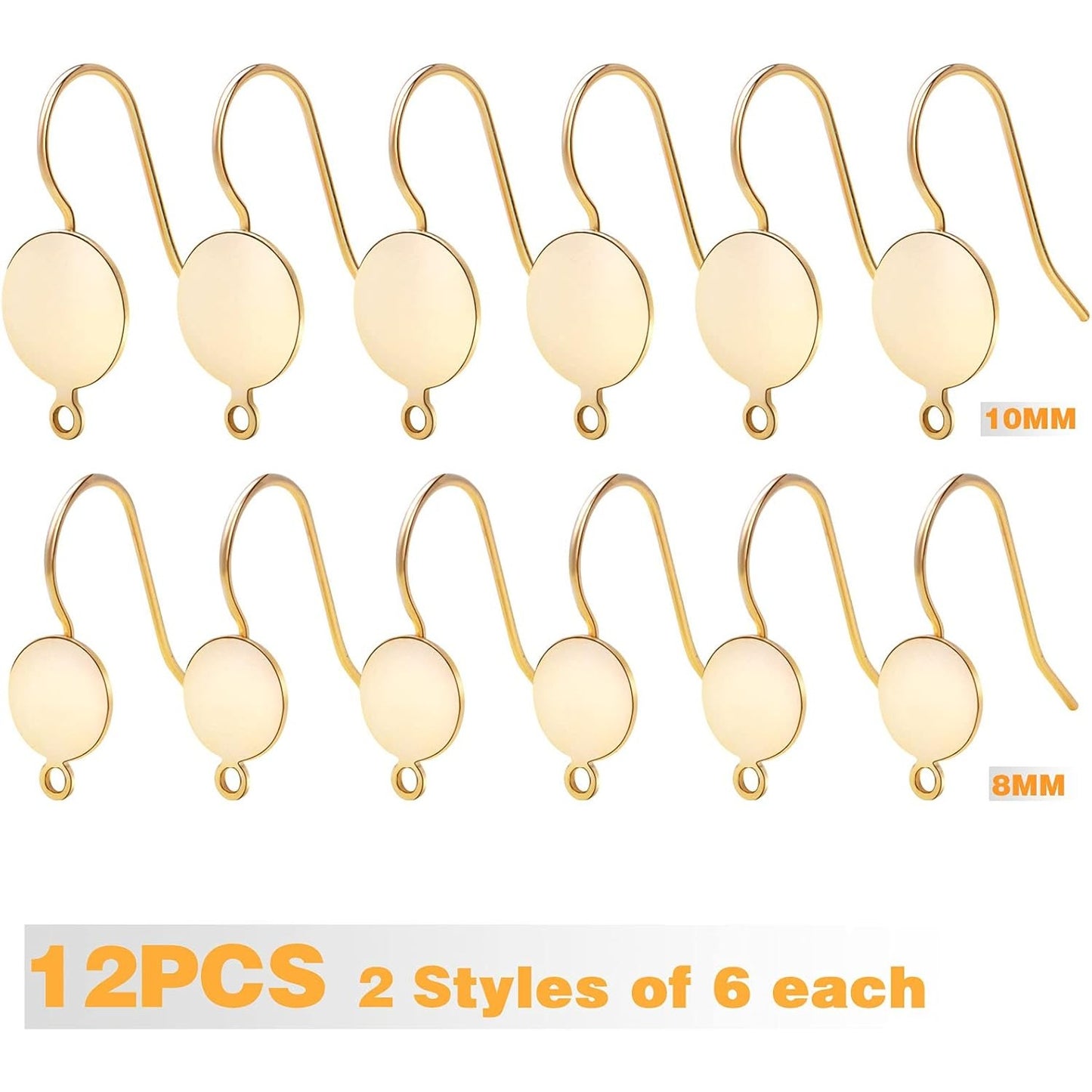 12pcs Gold Plated Flat Round Earring Hooks Brass French Fish Hooks Earrings Hypoallergenic Ear Wire with Loop Hole Dangle Earrings Connector for DIY Jewelry Making, 2 Sizes