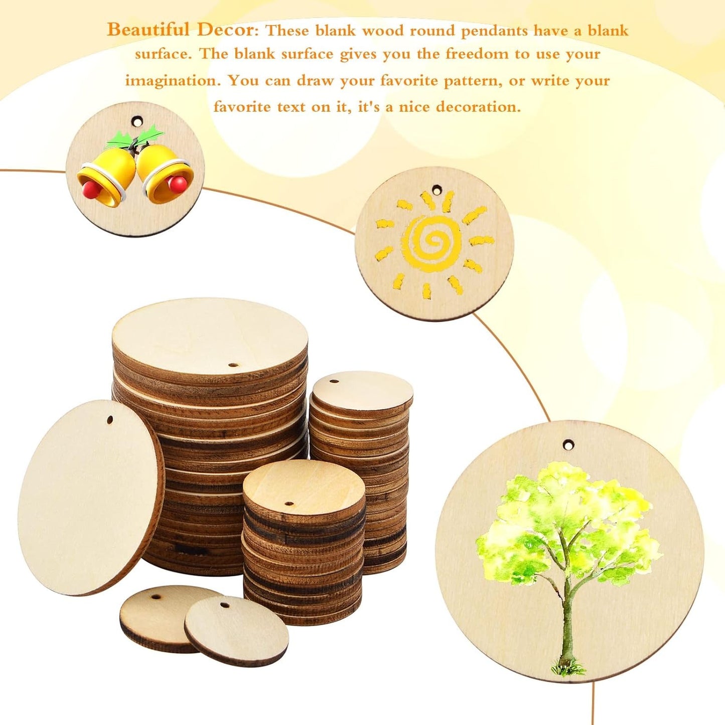 100pcs Natural Wooden Circles Unfinished Round Disc Wood Slices Circle Wood Chips Pieces with Holes for DIY Art Crafts Projects Jewelry Making Decoration, 3 Sizes