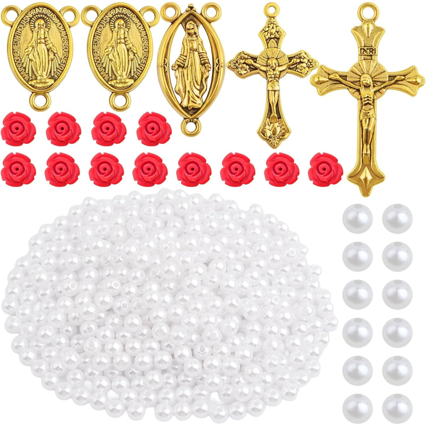 10pcs Antique Golden Jesus Cross Charms, 10pcs Virgin Mary Pendant Links, 30pcs Cinnabar Red Rose Beads and 500pcs White Pearls Kit for DIY Rosary Necklace Crafts Jewelry Making