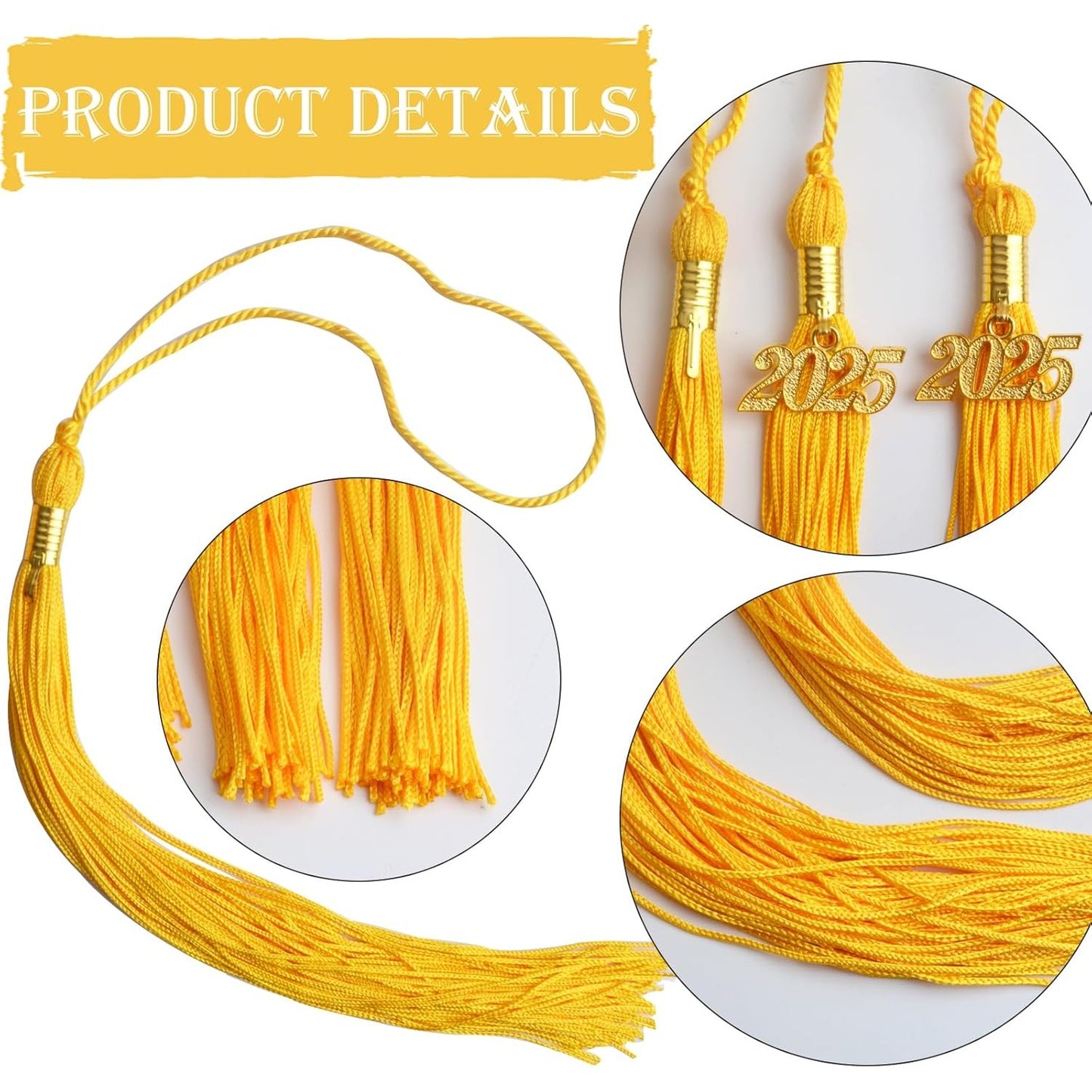 10pcs Yellow Graduation Tassels Grad Cap Decors with 10pcs Golden 2025 Year Charm Pendants for 2025 Graduates Graduation Hats Ceremonies Parties Decorations Souvenirs