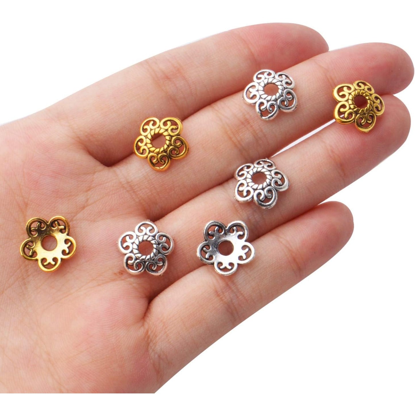200pcs 12mm Flower Beads Tibetan Alloy Spacer Bead Cap Jewelry Flower Caps Loose Bead for DIY Jewelry Bracelet Making,Antique Gold and Antique Silver