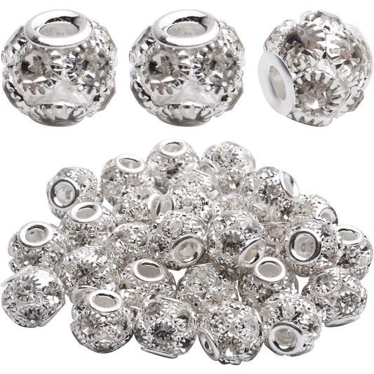 Rhinestone Spacer Beads, 30pcs 10mm Silver Rhinestone Pave Crystal Brass Beads European Rondelle Beads Round Spacer Beads for Bracelet Nacklace Jewelry Making Wedding Party Decoration