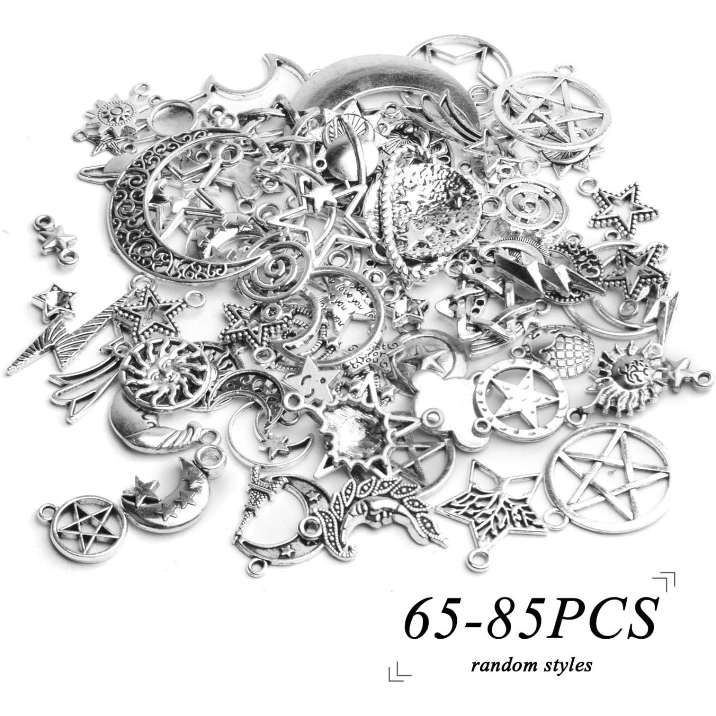 Celestial Pendant Charms, 100 Gram(65-85pcs) Mixed Sun Moon Star Charms Pendants Craft Supplies for Earrings Bracelets Necklaces Crafts Jewelry Making, 5-50mm