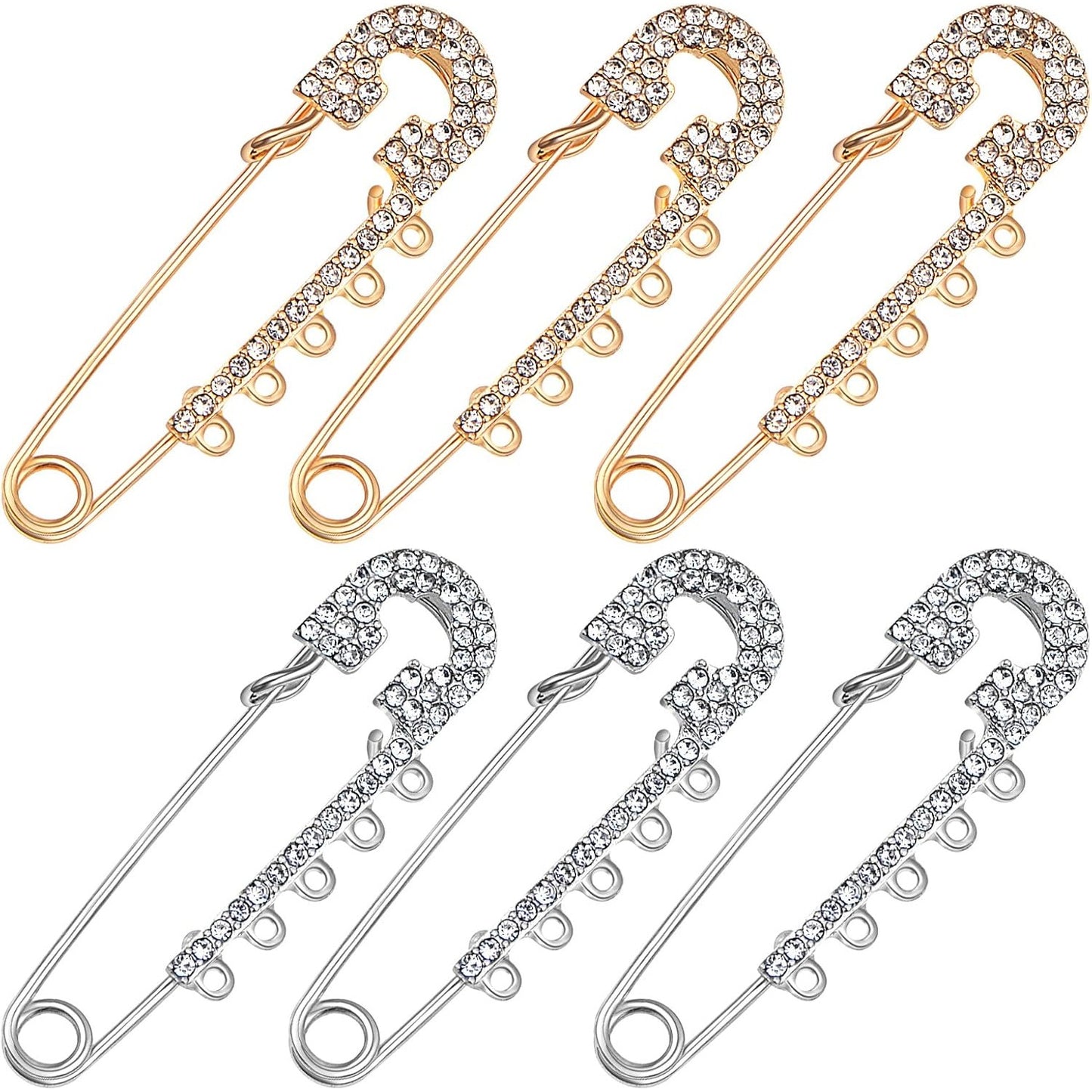 6pcs Rhinestone Safety Pins Brooches Shiny Sweater Shawl Clips Crystal Brooch Pins Accessories,2 Colors