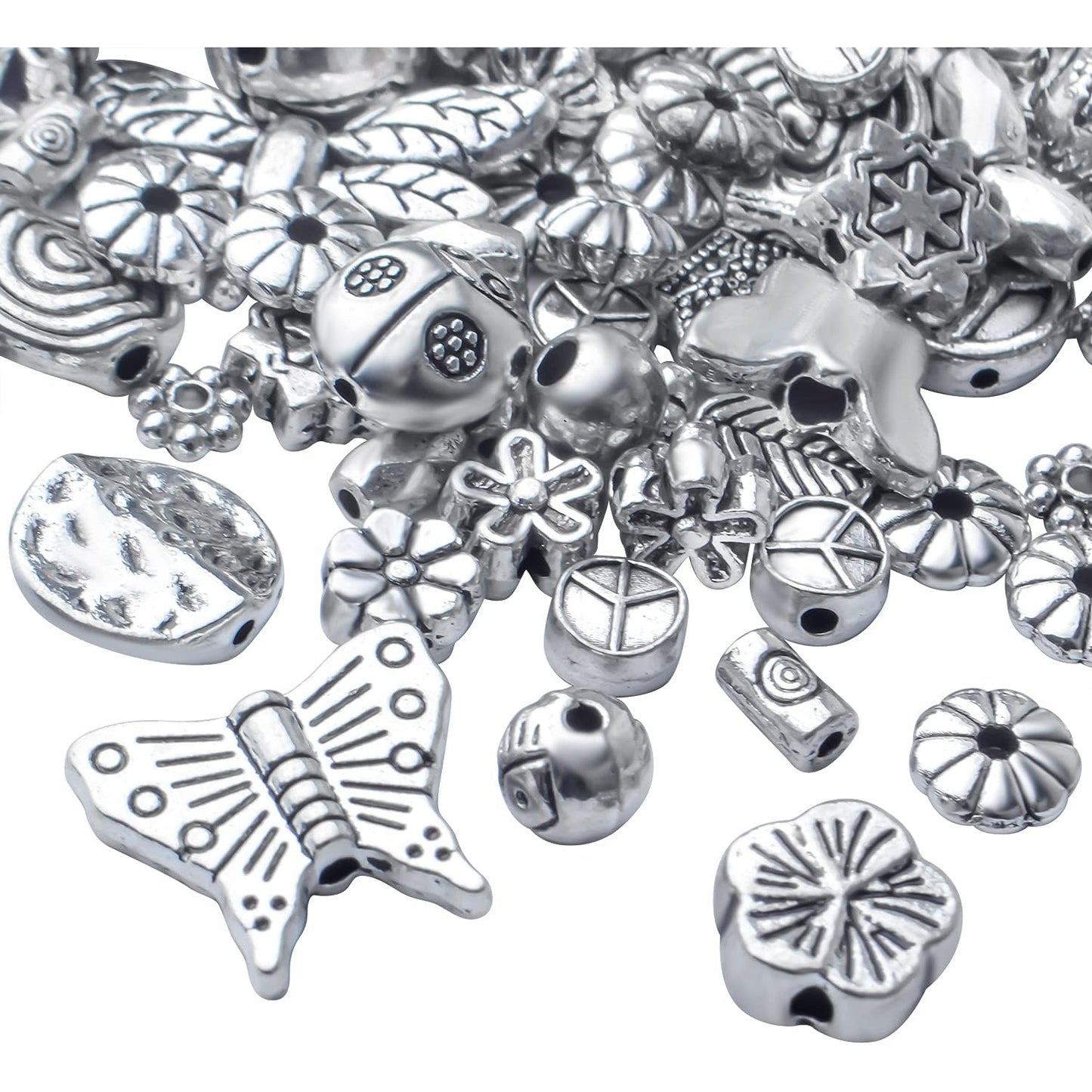 100g Antique Silver Spacer Beads Tibetan Alloy Ball Leaf Butterfly Flower Animal Spacers Loose Beads Spacer Charm Beads Craft Supplies for DIY European Bracelet Necklace Jewelry Making
