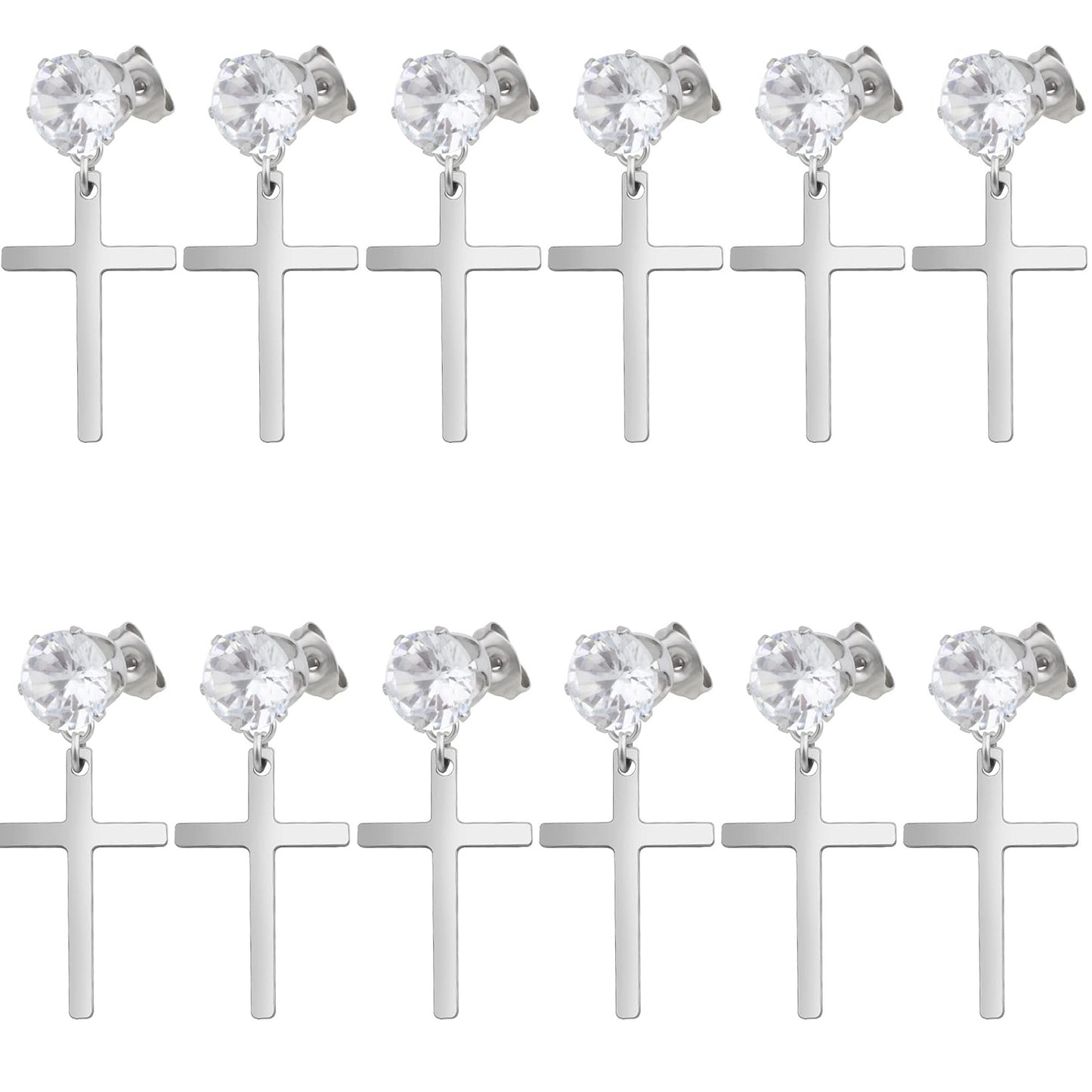 12pcs Hypoallergenic Cubic Zirconia Cross Stud Earrings Stainless Steel Dangle Earrings Rhinestone Cross Drop Charms Hoop Earrings for Women Men Earrings Making, 2 Colors