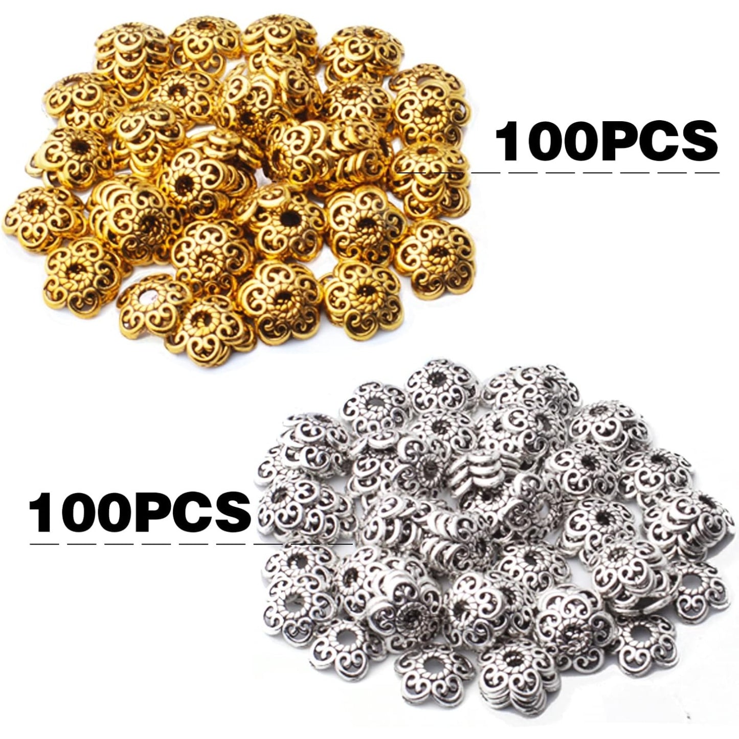 200pcs 12mm Flower Beads Tibetan Alloy Spacer Bead Cap Jewelry Flower Caps Loose Bead for DIY Jewelry Bracelet Making,Antique Gold and Antique Silver