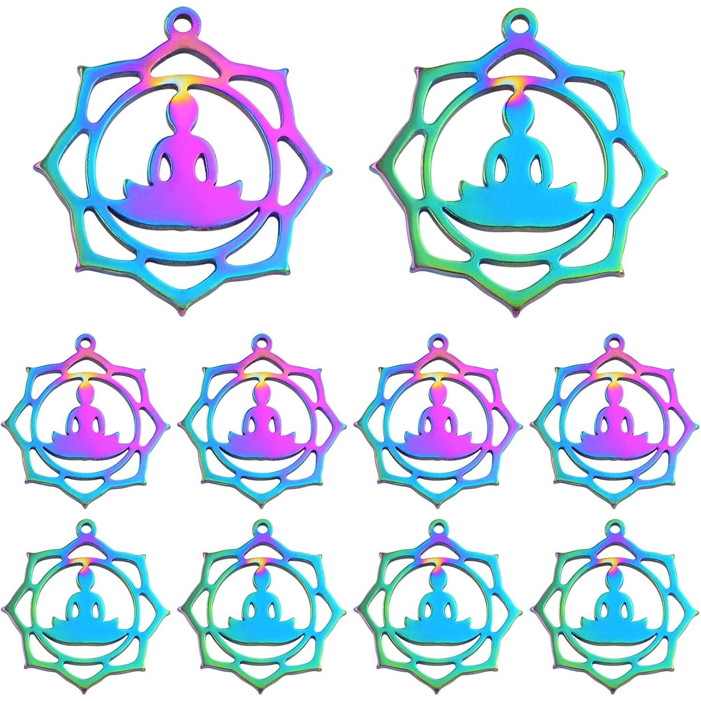 10pcs Stainless Steel Buddha on a Lotus Flower Charms Hypoallergenic Round Hollow Lotus Flower Buddhist Pendant Charms for DIY Necklace Earrings Jewelry Making Supplies, Rainbow Color