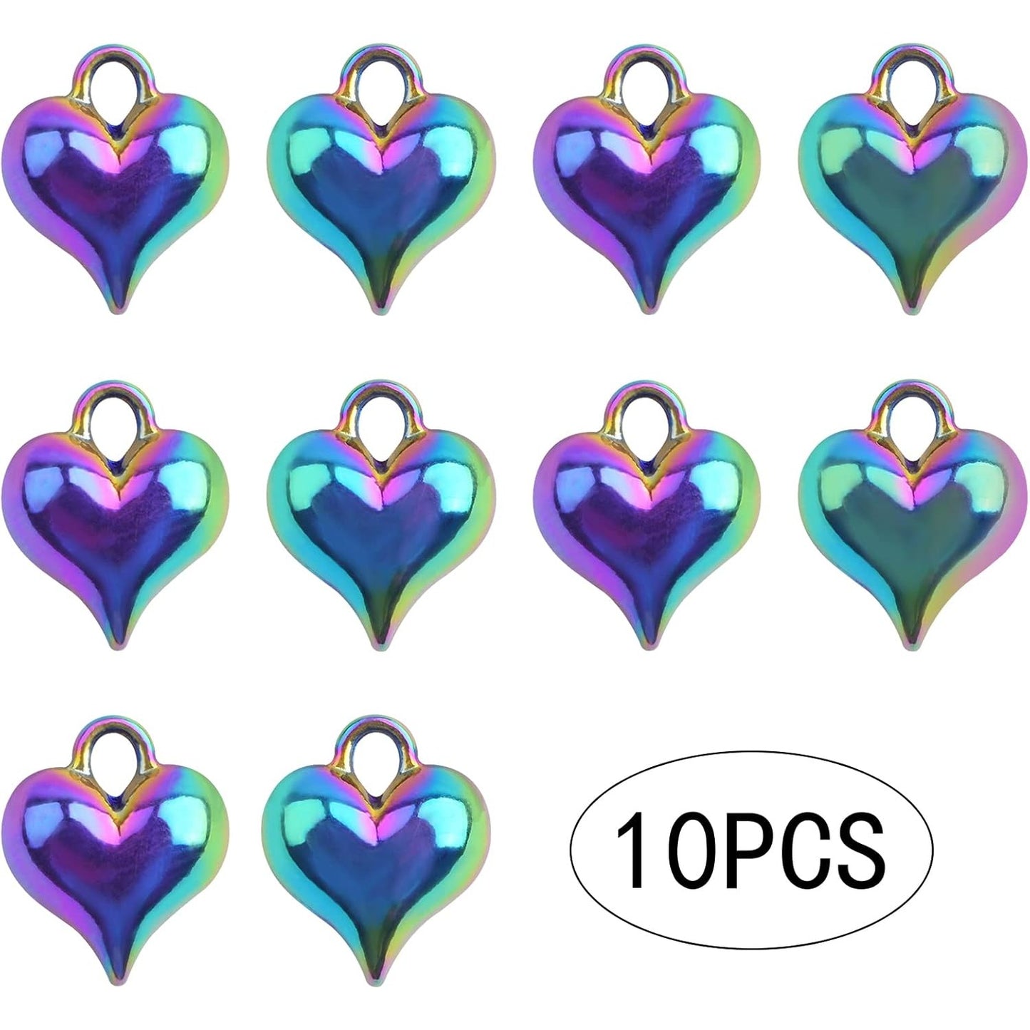 10pcs Rainbow Color Heart Shape Charms Alloy Love Heart Pendants Smooth Puff Heart Drop Charms Craft Supplies for DIY Necklace Bracelet Earrings Jewelry Making