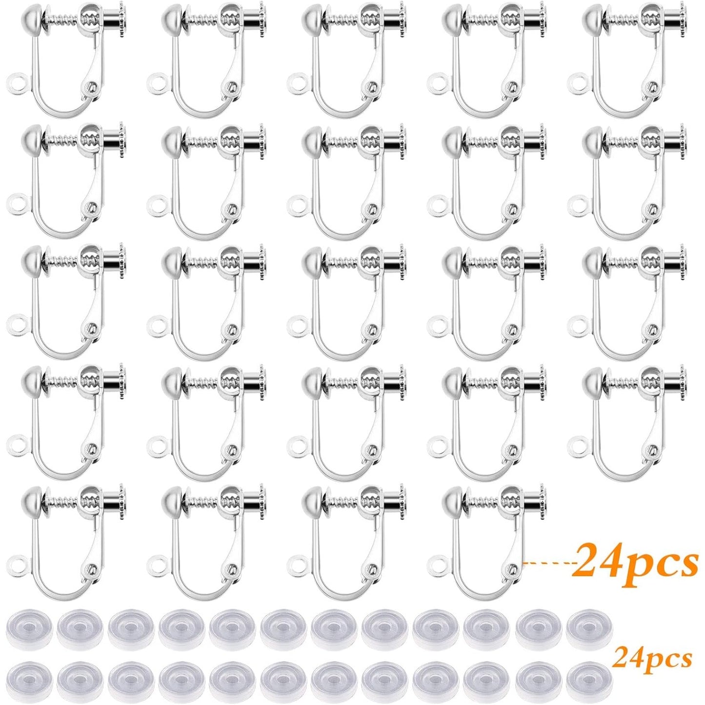 24pcs Clip-on Earring Converters Brass Screw Back Earwire Non Pierced Earring Components with Loop and 24pcs Anti-Pain Ear Pads for DIY Jewelry Making, Bright Silver