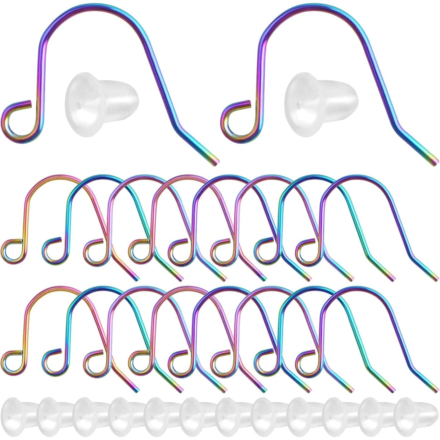 50pcs Stainless Steel Earring Hooks Hypoallergenic Ear Wire Fish Hooks and 50pcs Clear Silicone Earring Backs for DIY Earrings Jewelry Making Findings, Rainbow Color
