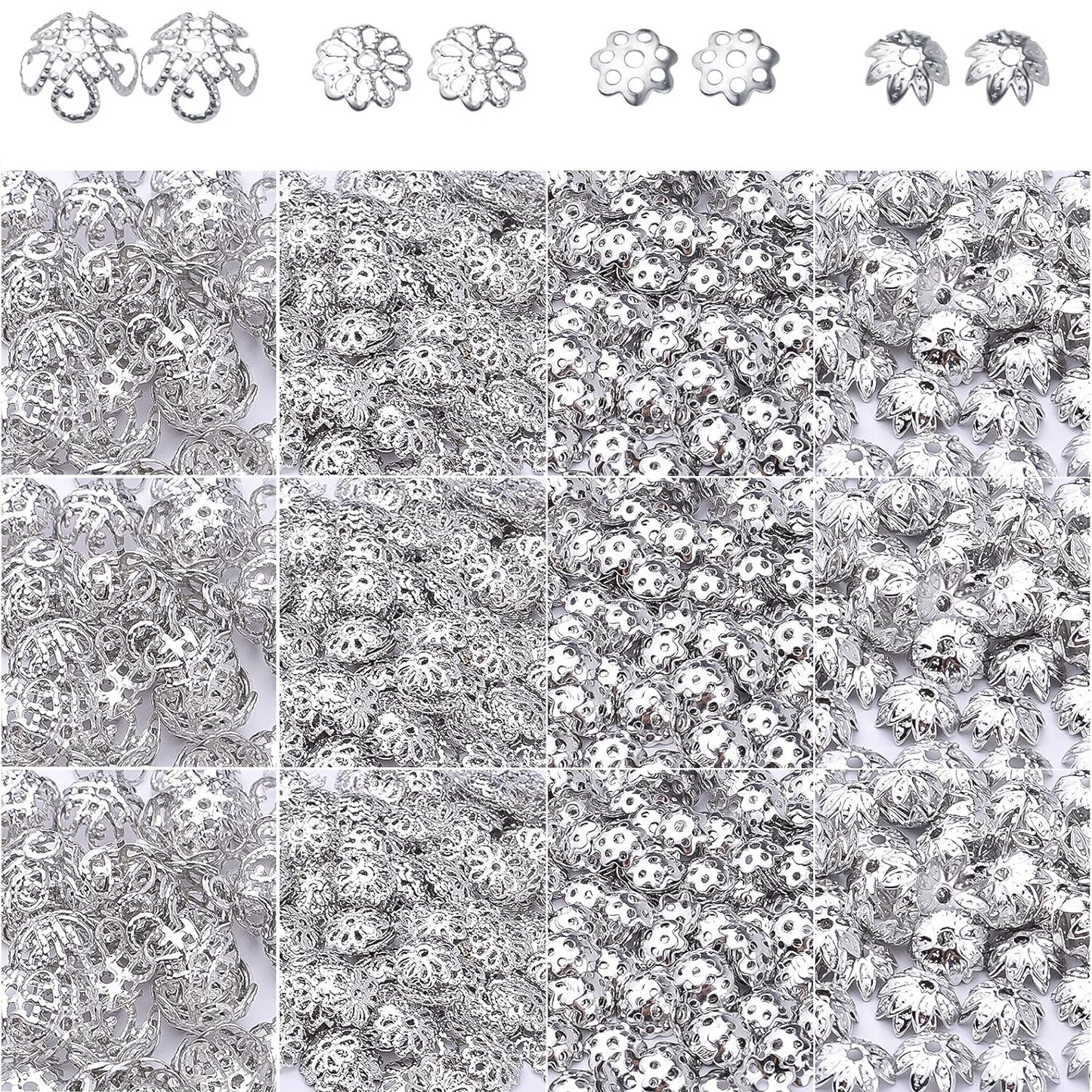 2000pcs Filigree Flower Bead Caps Alloy Hollow Spacer Beads Caps for DIY Charm Bracelet Earrings Craft Jewelry Making Supplies Birthday Christmas Party Favor Gifts, 4 Styles, 2 Colors