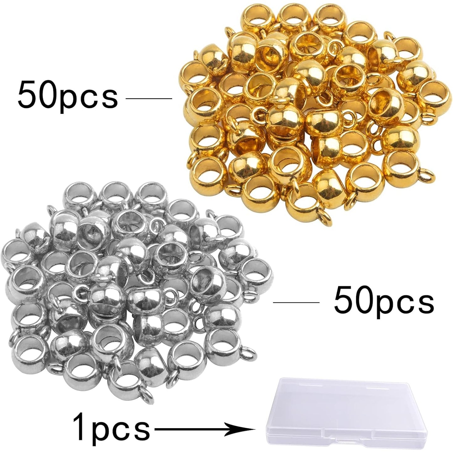 100pcs Tibetan Bail Tube Beads Alloy Column Rondelle Spacer Beads Bail Beads Hanger Dangle Connectors with a Box for European Charm Bracelet Jewelry Making Supplies, 2 Colors