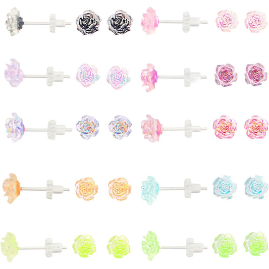 10 Pairs 8 mm 3D Plastic Resin Rose Stud Earrings Transparent Illusion Colored Earring Posts with Clear Earring Backs for Women Teens Sensitive Ears Sports Party Replacement