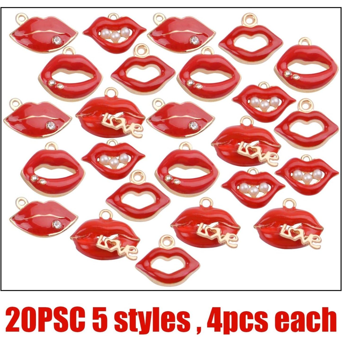 20pcs Sexy Red Lip Alloy Enamel Mouth Charms for Jewelry Making Crafts DIY,5 Styles