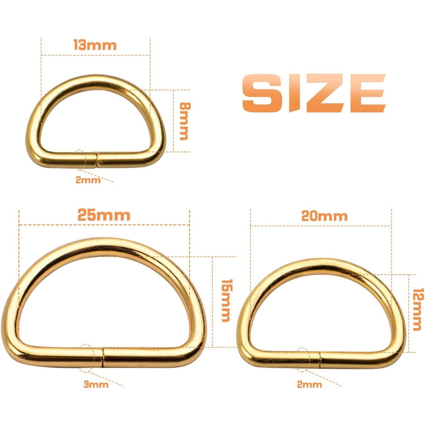 100pcs Multi-Purpose Metal D Rings Semi-Circular D Rings Hardware DIY Accessories for Bags Pet Collars Chain Bags,Gold,1/2inch,3/4inch and 1 inch