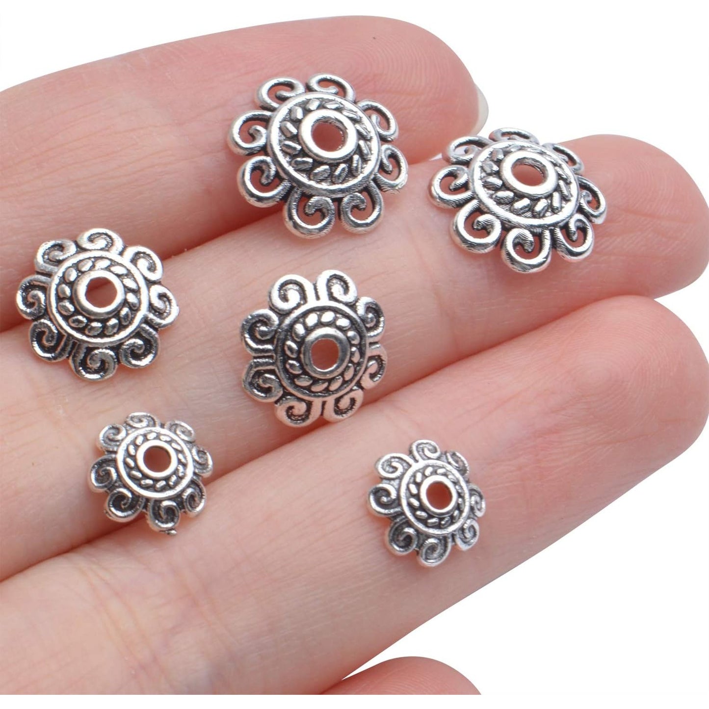 Spacer Bead Caps, 200pcs 8mm/10mm/12mm Metal Flower Bead Caps for Jewelry DIY Necklace Bracelet Making, Antique Silver