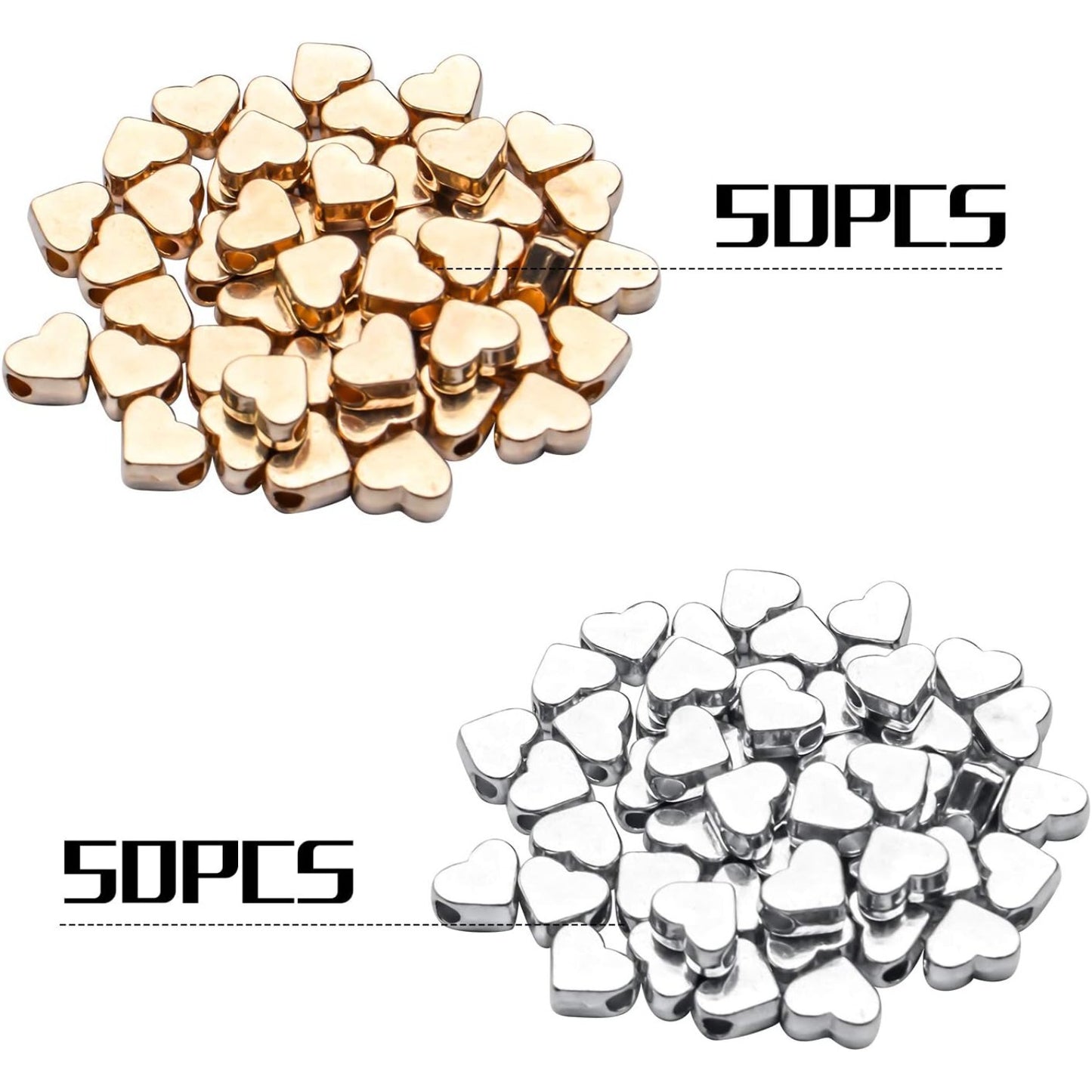 100 Pieces Heart Shape Beads European Heart Spacers Loose Beads Jewelry Heart Charms for DIY Jewelry Necklace Earring Bracelet Handmade Crafts Supplies (Gold, Silver)