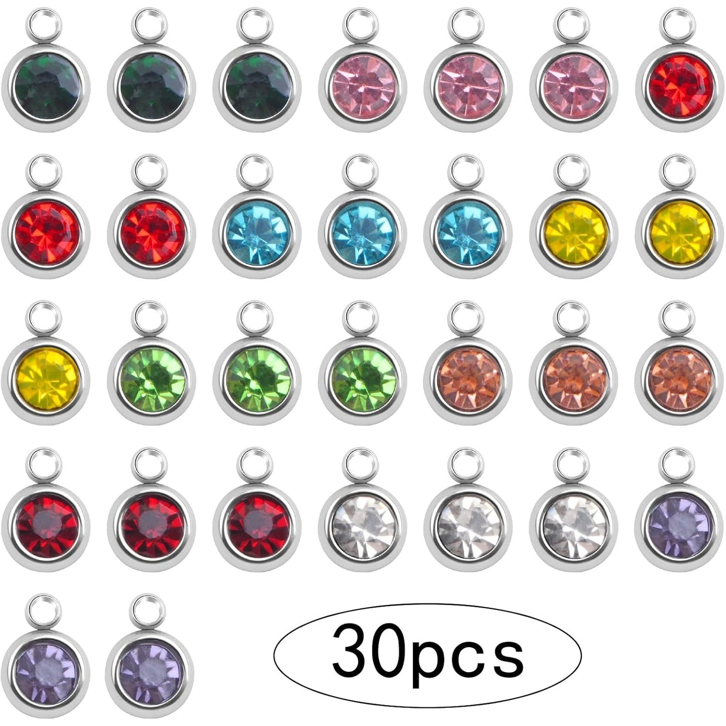 30pcs 6 mm Stainless Steel Crystal Birthstone Charms Mini Round Rhinestone Birthstone Bead Handmade Pendant with Rings for Necklace Earrings Jewelry Making Supplies, 10 Colors
