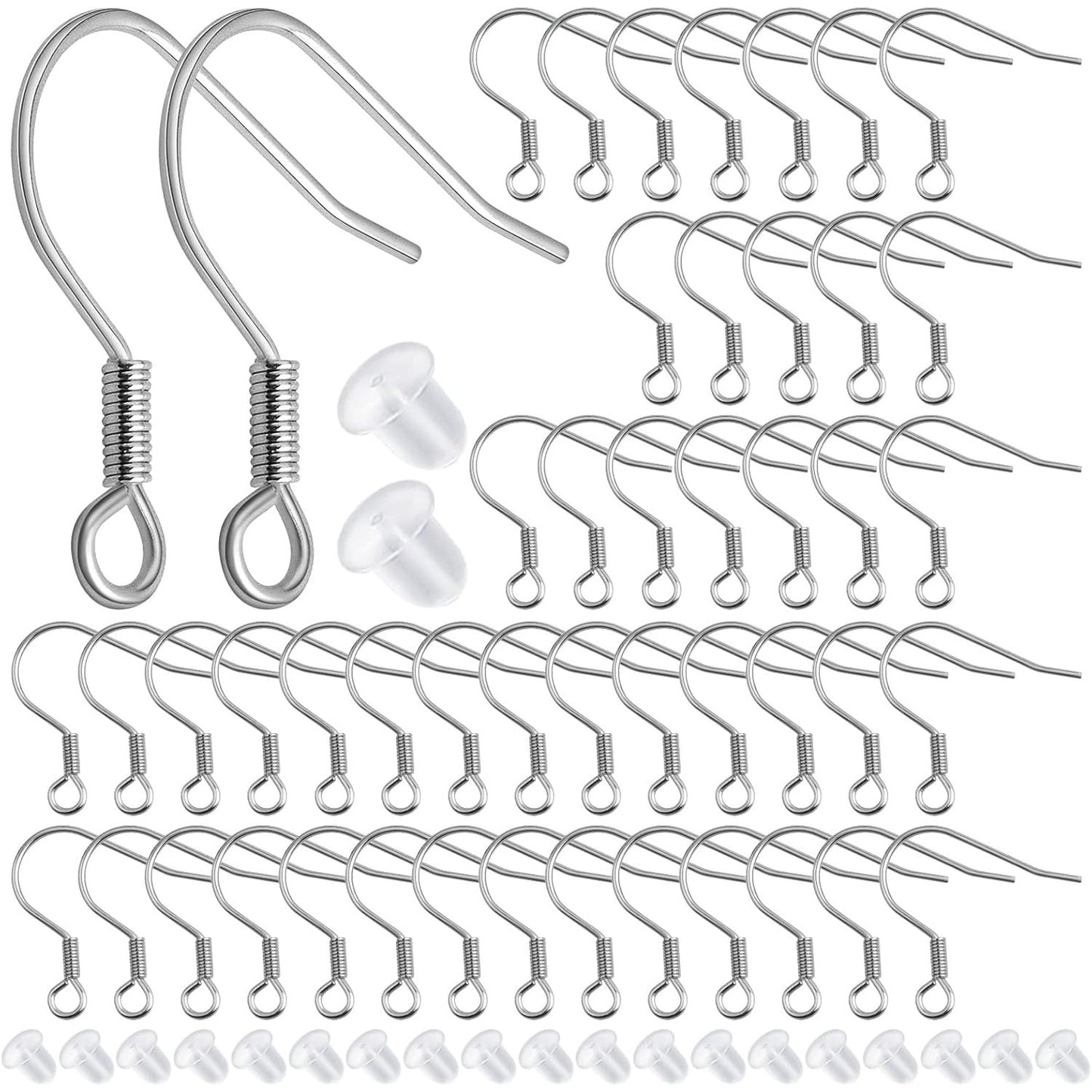 50pcs Stainless Steel Earring Hooks Hypoallergenic French Ear Wire Fish Hooks with 50pcs Clear Silicone Earring Backs for DIY Dangle Earrings Jewelry Making Decor
