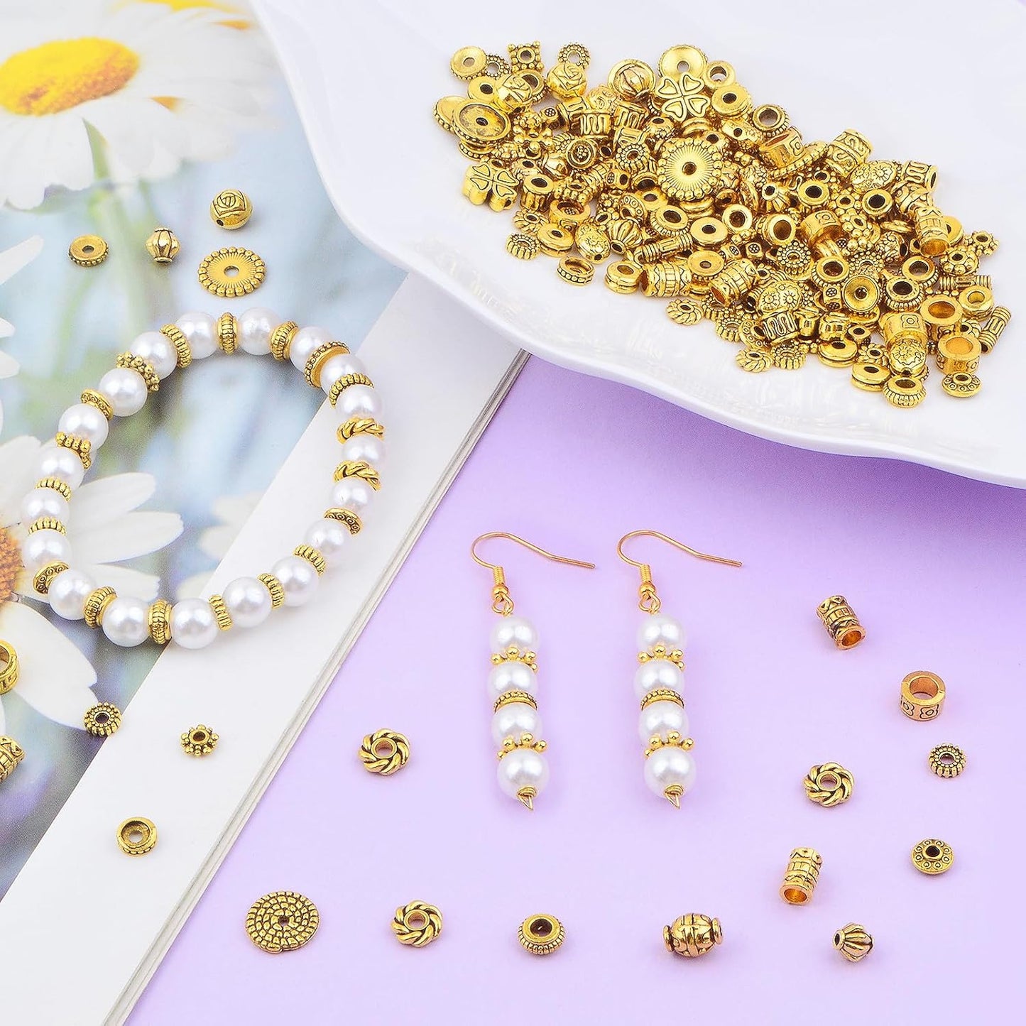 100 Gram Mixed Styles Tibetan Alloy Spacer Beads - Antique Golden Round Column Tube Loose Beads - Jewelry Findings Accessories for DIY Necklace Bracelet Earrings Craft Supplies