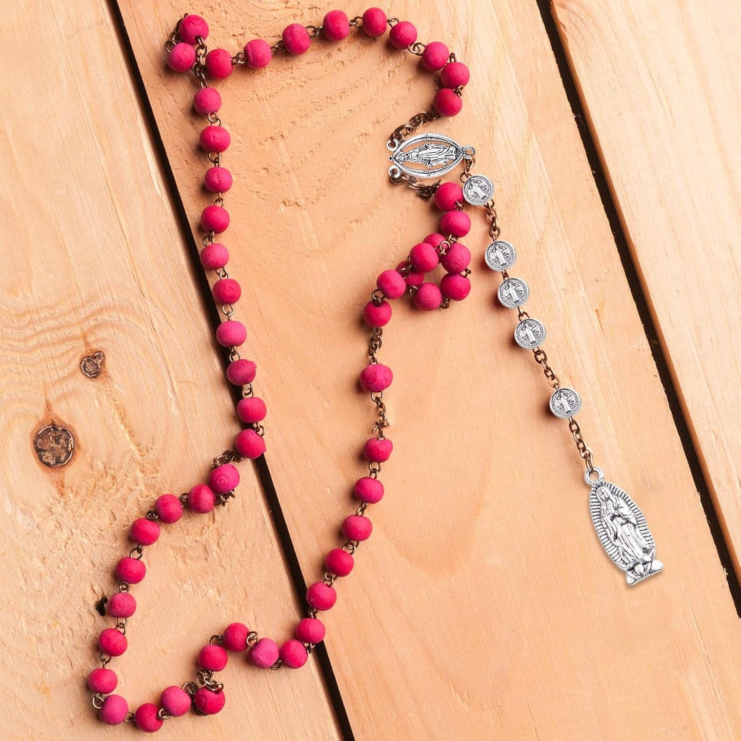 50pcs Antique Silver Mixed Jesus Virgin Mary Religious Benedict Medallion Spacer Beads and Pendant Charms for DIY Rosary Necklace Bracelet Jewelry Making, 5 Styles