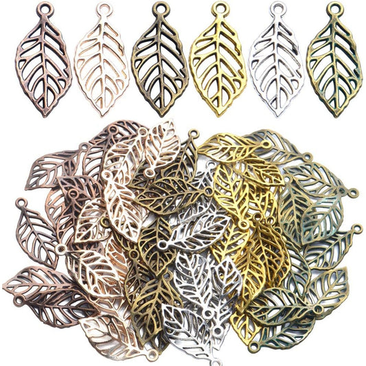 Hollow Leaf Charms,60pcs Tibetan Style Leaf Charms Mixed Vintage Filigree Leaves Pendants Craft Supples for DIY Jewelry Necklace Bracelet Earring,6 Colors,29x13mm